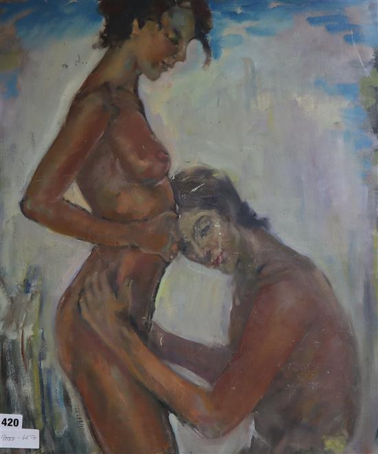 Modern British, oil on canvas board, Embracing female nudes, 61 x 51cm, unframed